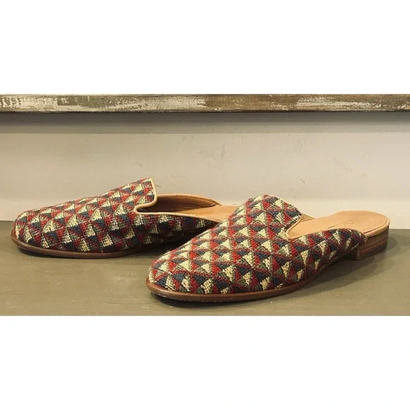 Baggio Italy Mens 10M (Unisex)Handmade Tapestry Mule Loafers Vero Cuoio Leather